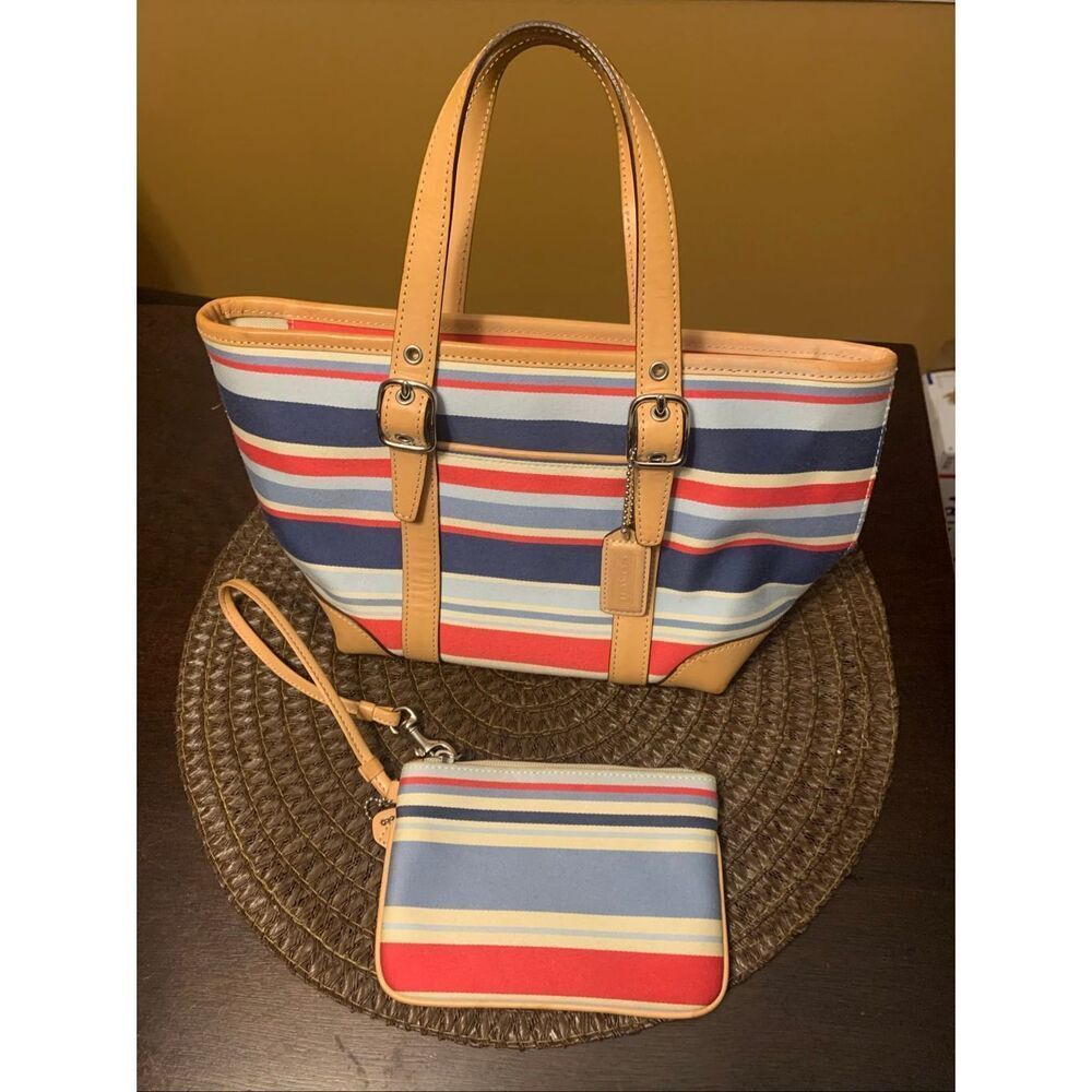 Vintage Coach Hampton Spring Summer Stripe Canvas Small Tote and Wristlet,  7744